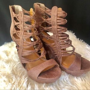 - Tan Wedge 5 inch Sandals -Size 9